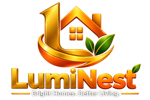 LumiNest logo featuring a golden house with green leaves and a curved golden swoosh, above the text 'LumiNest' and the tagline 'Bright Homes. Better Living.